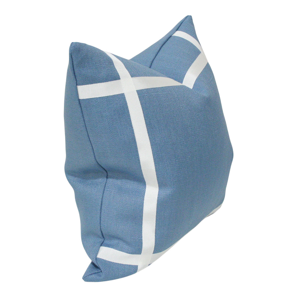 Hampton Blue Linen with Off-White Ribbon High End Decorator Cushion from Arianna Belle Shop | side view