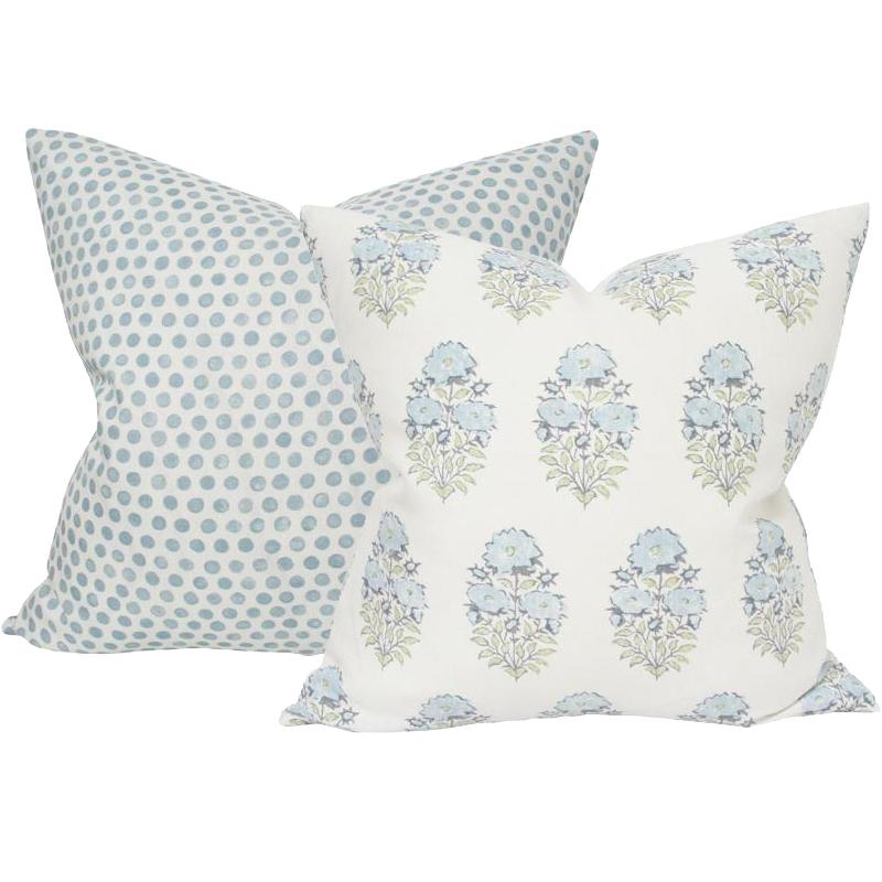 Tika Dot Sky Blue with the Mughal Flower Monsoon Blue and Green | designer pillows from Arianna Belle Shop