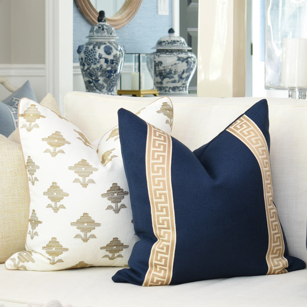 Designer Pillow Combination on Couch: Rubia Embroidery Natural and Navy Performance Linen with Gold Trim | Arianna Belle Shop | living room of Citrine Living 