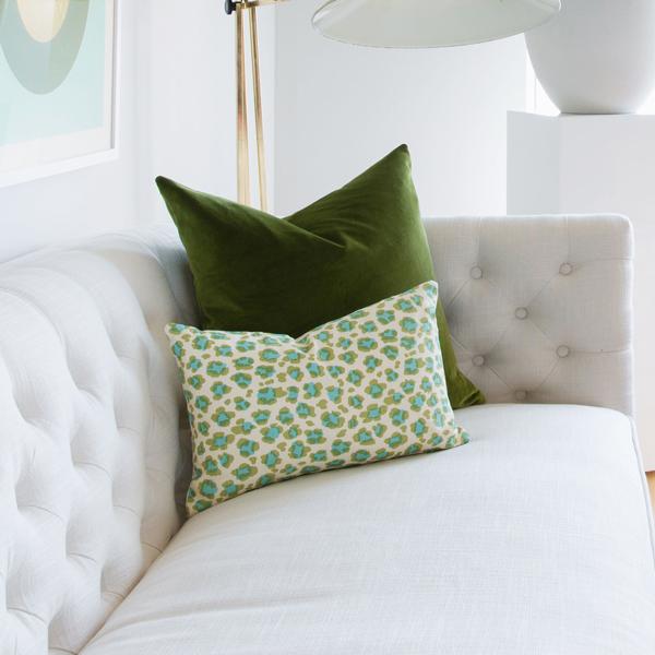 Olive Green Velvet pillow with the Conga Line Moss and Aqua | living room design by Jana Bek | photographed by Lindsay Brown