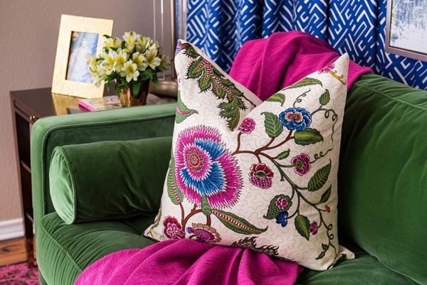Sinhala Linen Jewel Custom Designer Pillow on sofa | Arianna Belle 