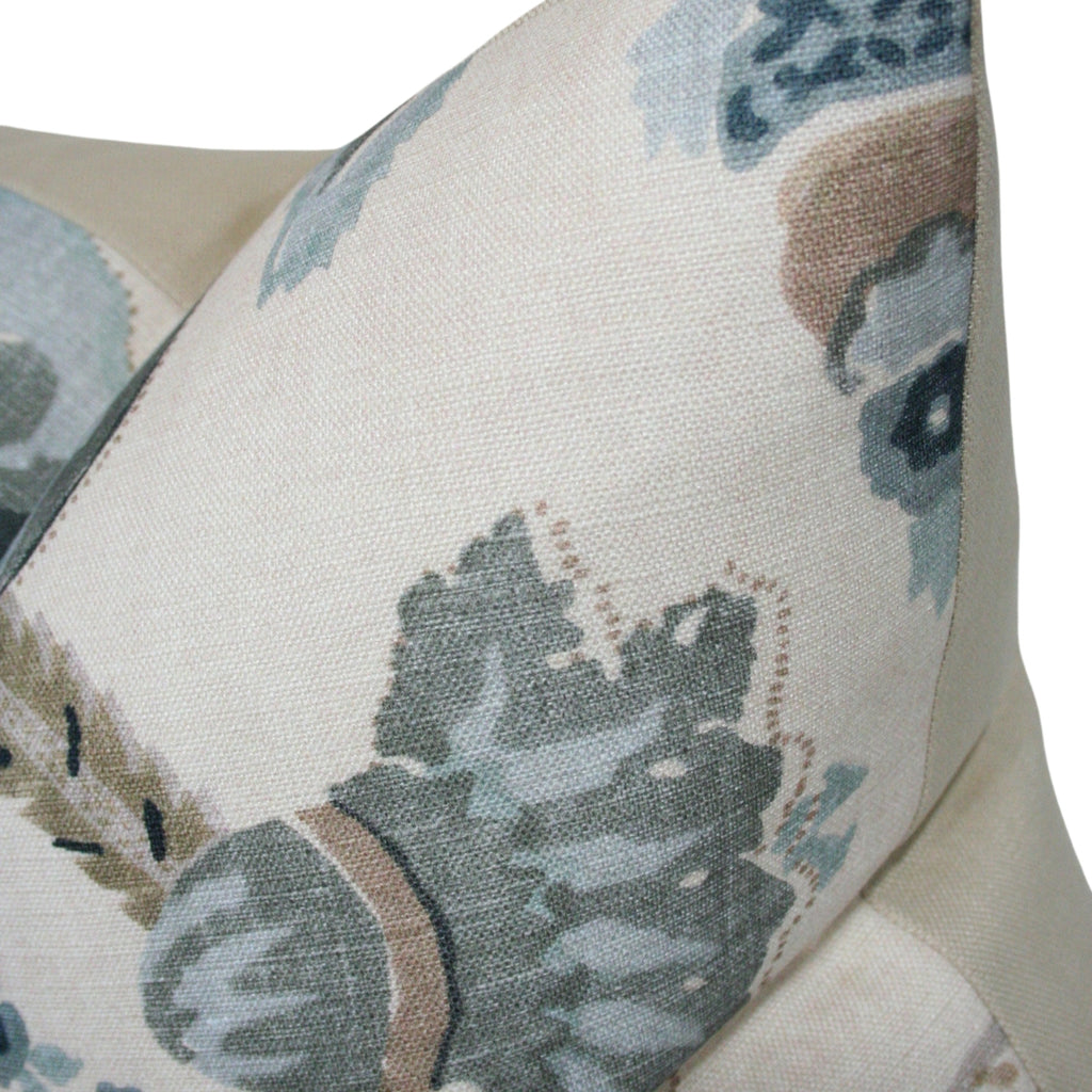 blue and grey floral luxury pillow cover - top corner