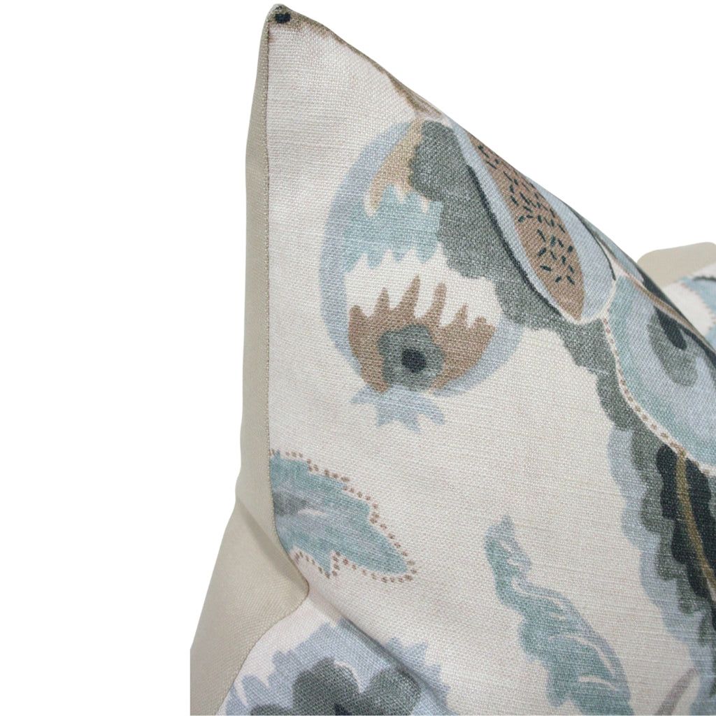 blue and grey floral luxury pillow cover - top detailed view