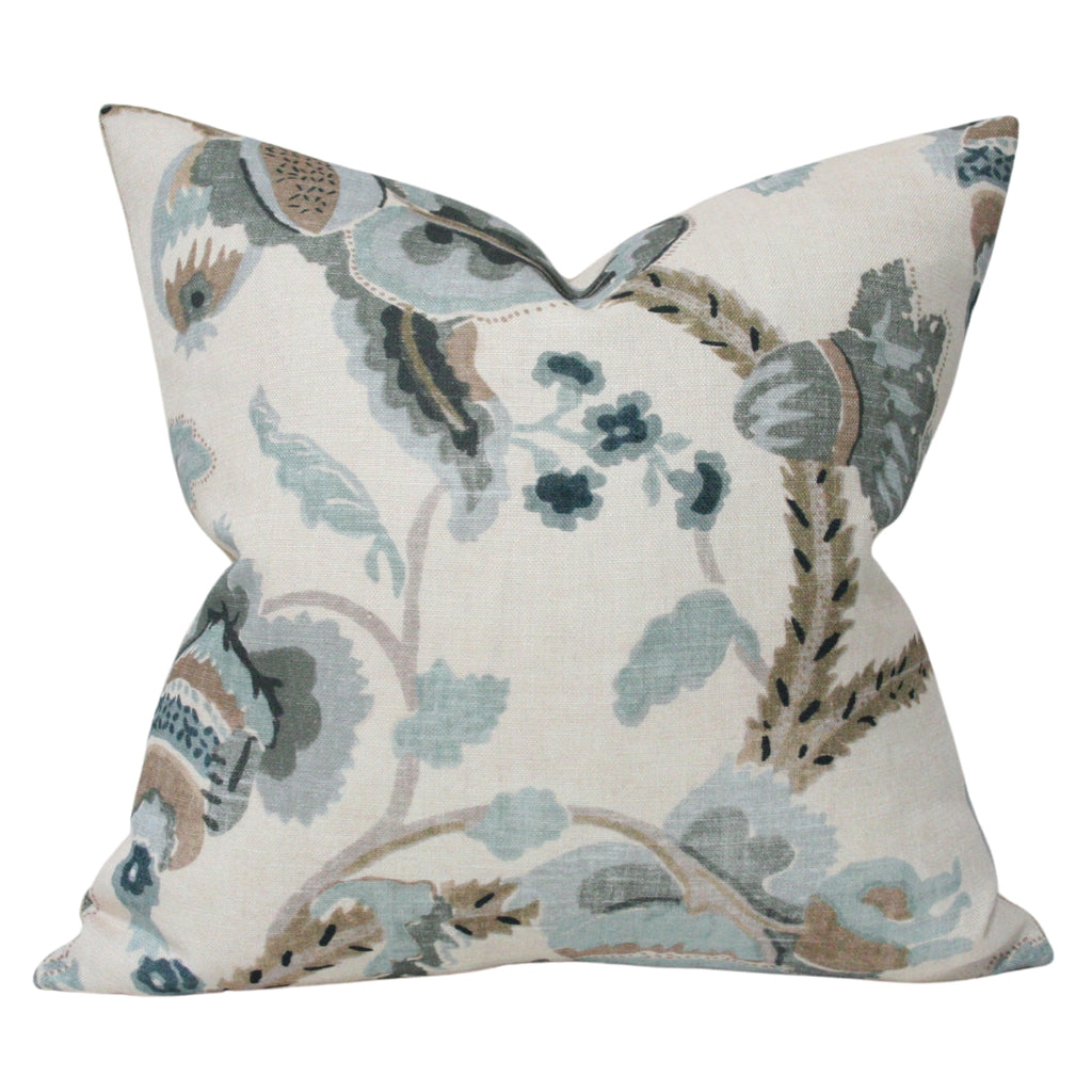 blue and grey floral luxury pillow cover - front view