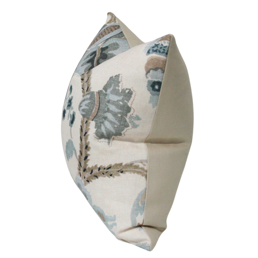 blue and grey floral luxury pillow cover - side view showing beige linen solid back