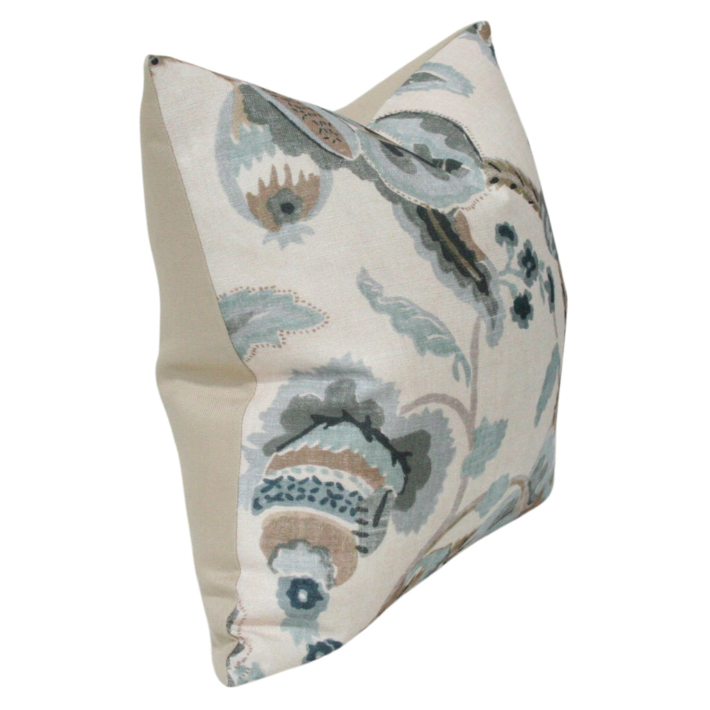 blue and grey floral luxury pillow cover - side view