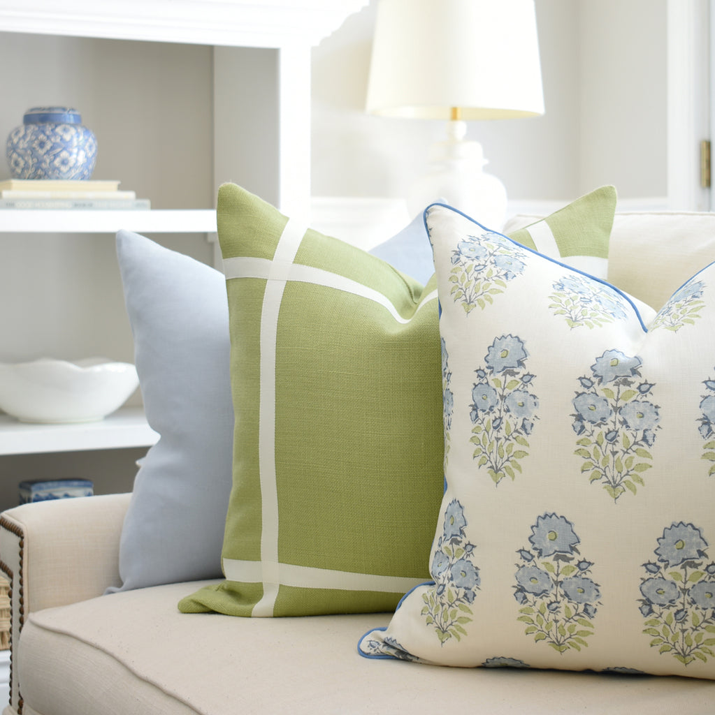 Chambray Blue Linen + Leaf Green Linen with Off-White Ribbon + Mughal Flower Monsoon Blue and Green | Arianna Belle Pillows