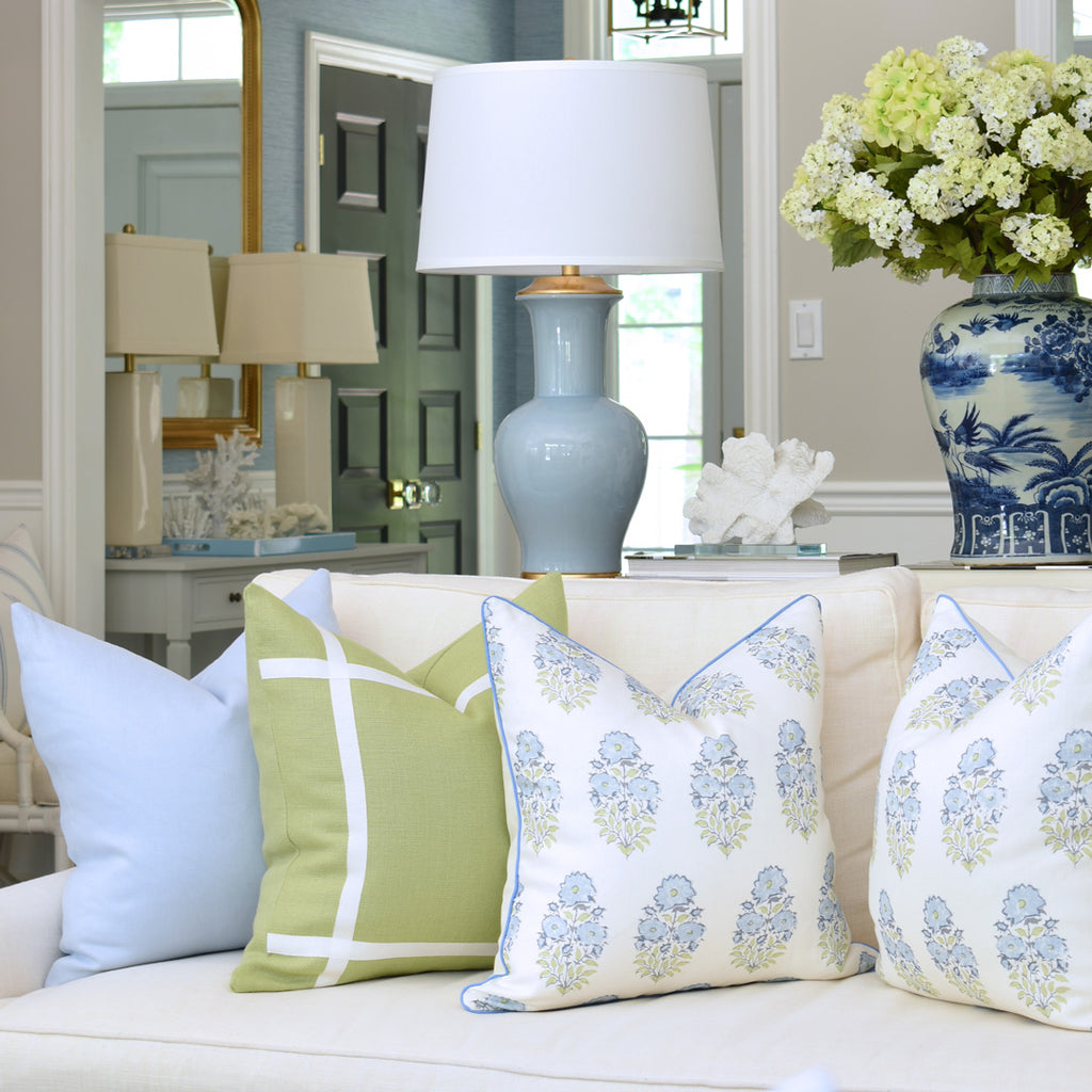 Chambray Blue Linen + Leaf Green Linen with Off-White Ribbon + Mughal Flower Monsoon Blue and Green with Piping Added | Arianna Belle Pillows