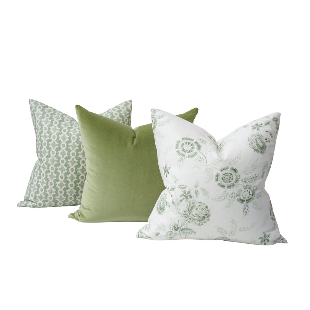 Pillow Combo: Clara B Green, Leaf Green Velvet, Boutique Floral Green