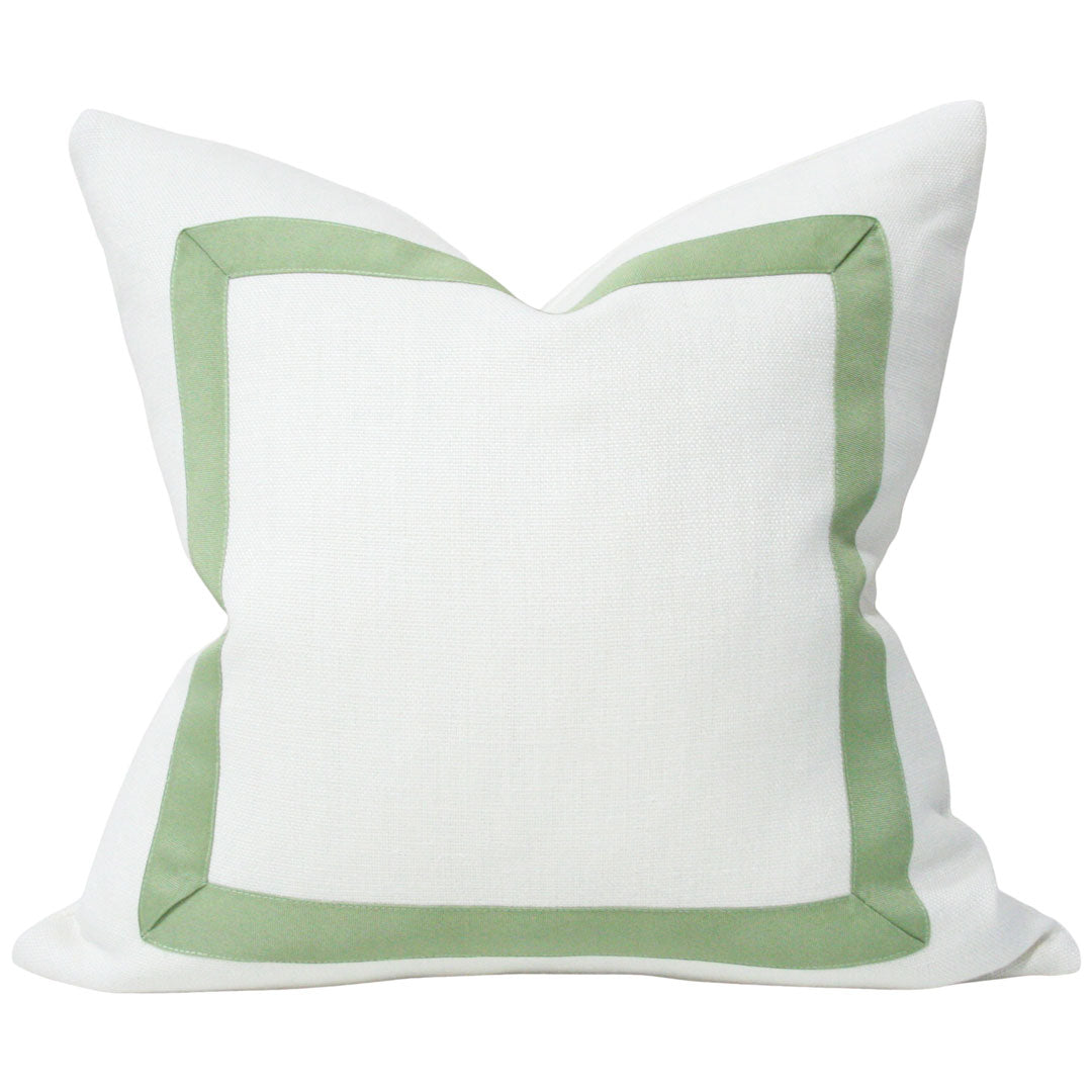 Cream Linen with Muted Green Ribbon Border Luxury Designer Pillow