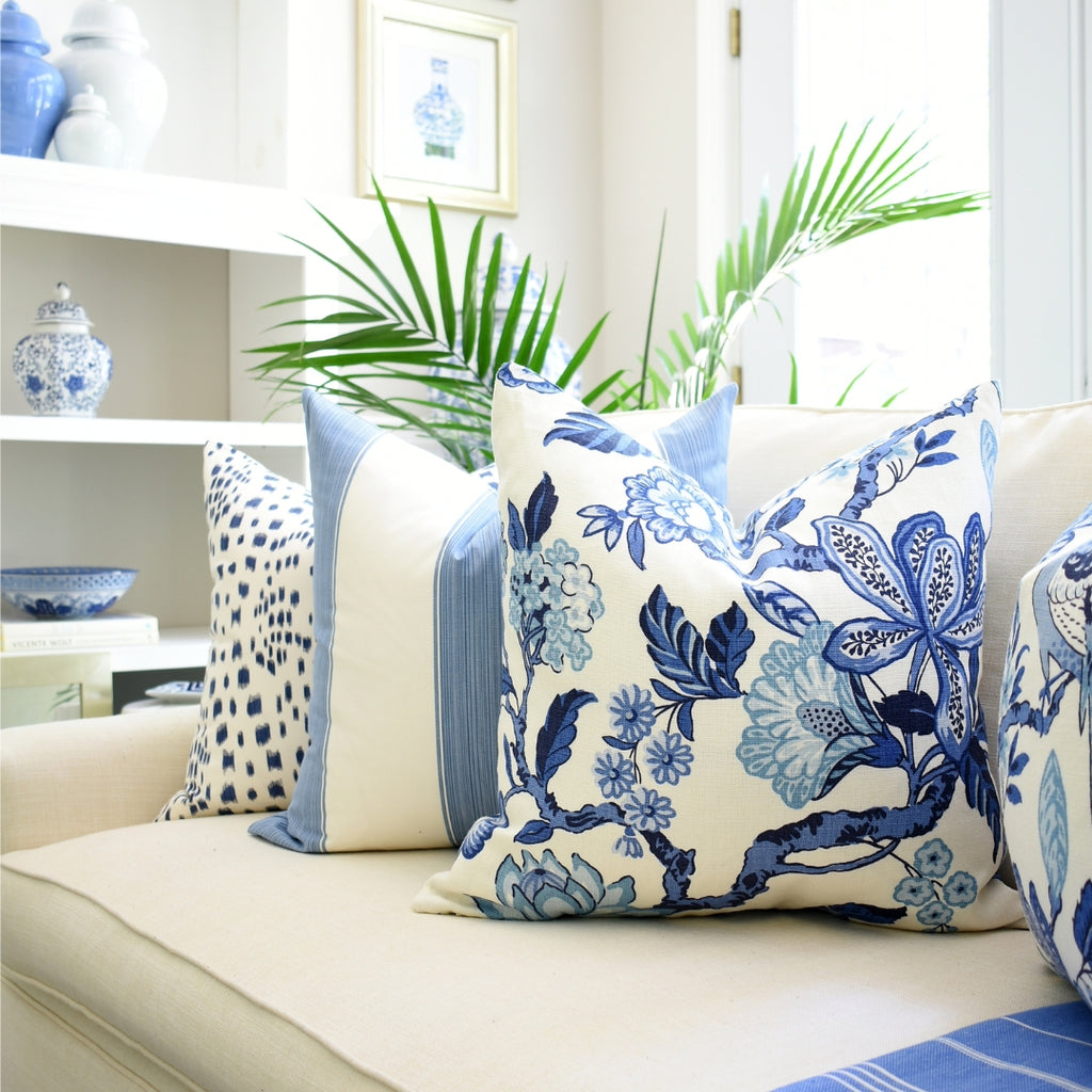 Cream sofa with pillows: Huntington Gardens Blue + Wide Stripe Ocean + Les Touches Blue | Arianna Belle Shop