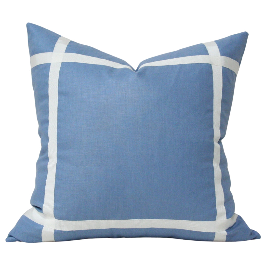 Hampton Blue Hampton Blue Glazed Linen with Off-White Ribbon Luxury Designer Pillow ...