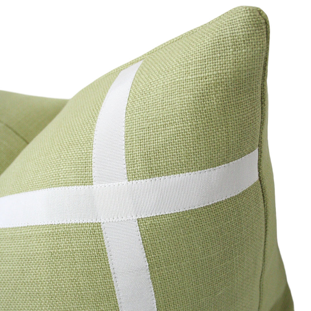 Leaf Green Linen with Off-White Ribbon Designer Pillow from Arianna Belle Shop - detailed view