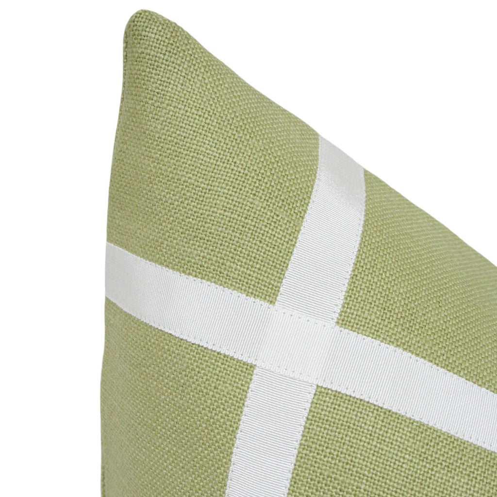 Leaf Green Linen with Off-White Ribbon Luxury Throw Pillow from Arianna Belle Shop - detailed view