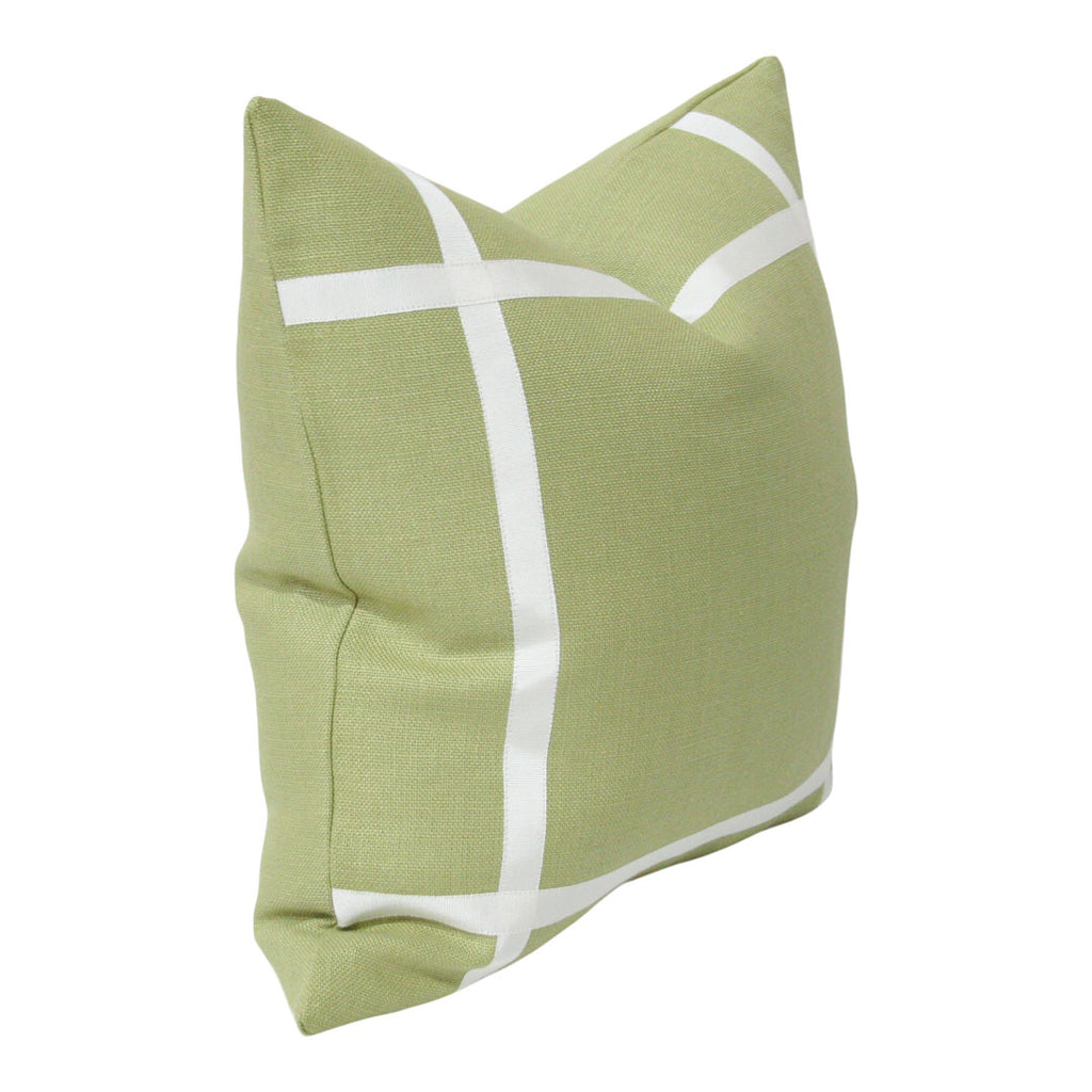 Leaf Green Linen with Off-White Ribbon High End Decorator Cushion from Arianna Belle Shop