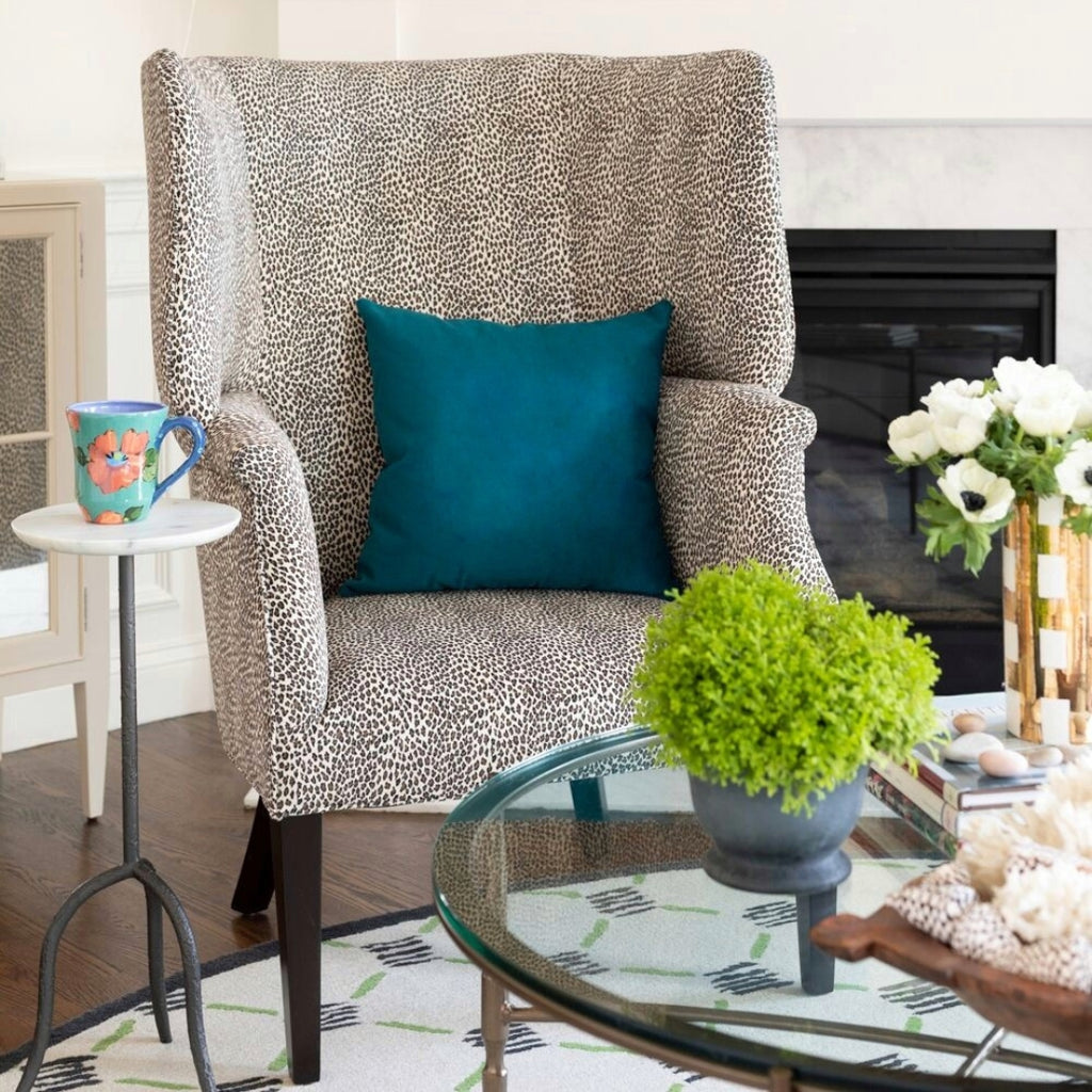 Peacock Velvet Designer Pillow on leopard chair |  Linda Holt living room | Arianna Belle Shop