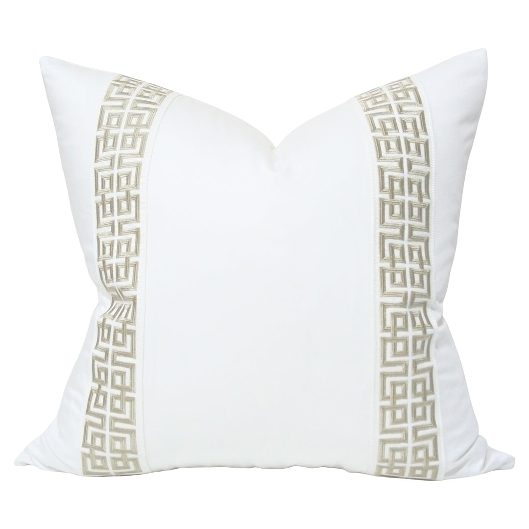 White Solid Designer Pillow with Gold Fretwork Trim – Arianna Belle