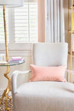 Blush Pink Velvet with Light Gold Piping lumbar Custom Designer Pillow on chair | Arianna Belle 