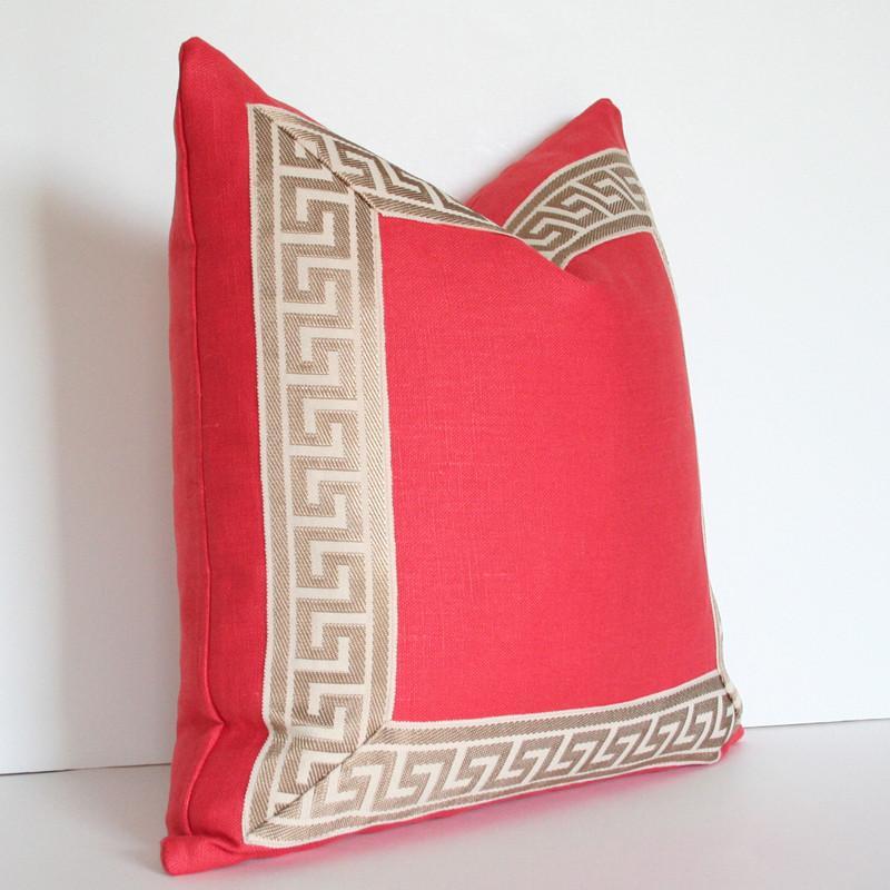 Coral with Greek Key Border Custom Designer Pillow side view | Arianna Belle 