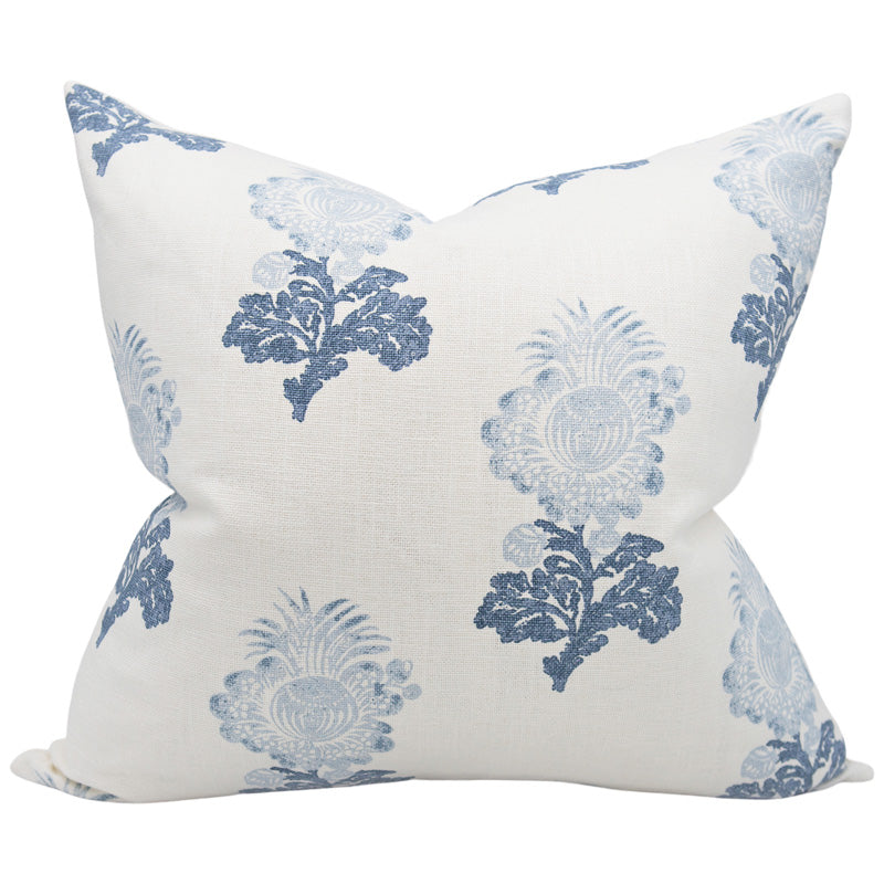 Adeline Blue Block Print Floral Luxury Designer Pillow by Arianna