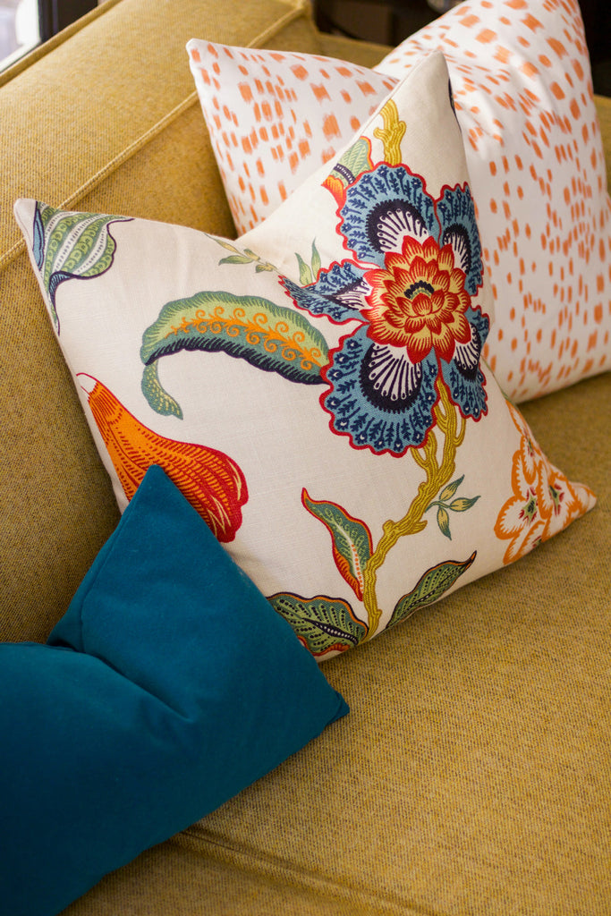 Hot House Spark pillow paired with the Les Touches Orange and Peacock Velvet | home of Natalie Steen
