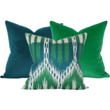 Bukhara Ikat Emerald & Peacock, Peacock Velvet, Emerald Velvet Custom Designer Pillow combo | Arianna Belle 