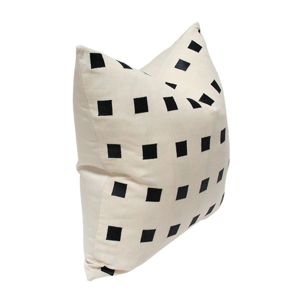 Chalet Ivory and Black designer pillow cover | Arianna Belle Shop | geometric beige linen cushion with embroidered black squares | side view
