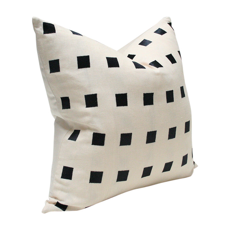 Chalet Ivory and Black designer pillow cover - side view | Arianna Belle Shop | geometric beige linen cushion with embroidered black squares