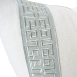 Cream Linen Solid with Muted Aqua Fretwork Trim - High End Luxury Designer Pillow from Arianna Belle Shop | Detailed View