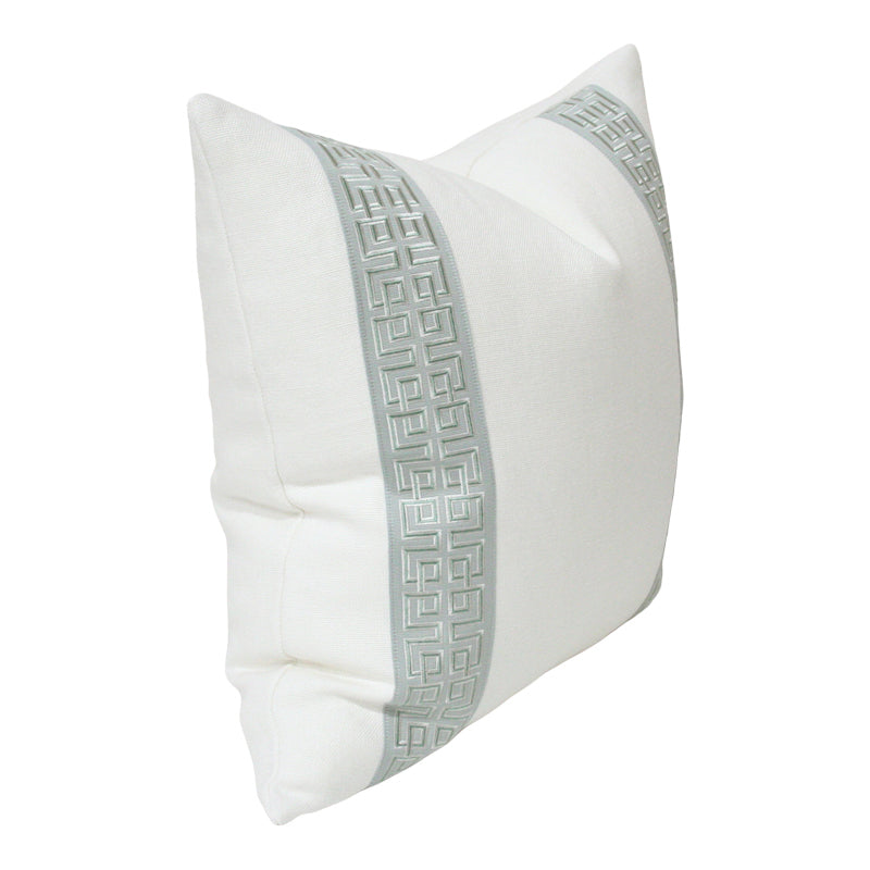 Cream Linen Solid with Muted Aqua Fretwork Trim - High End Luxury Designer Pillow from Arianna Belle Shop | Side View
