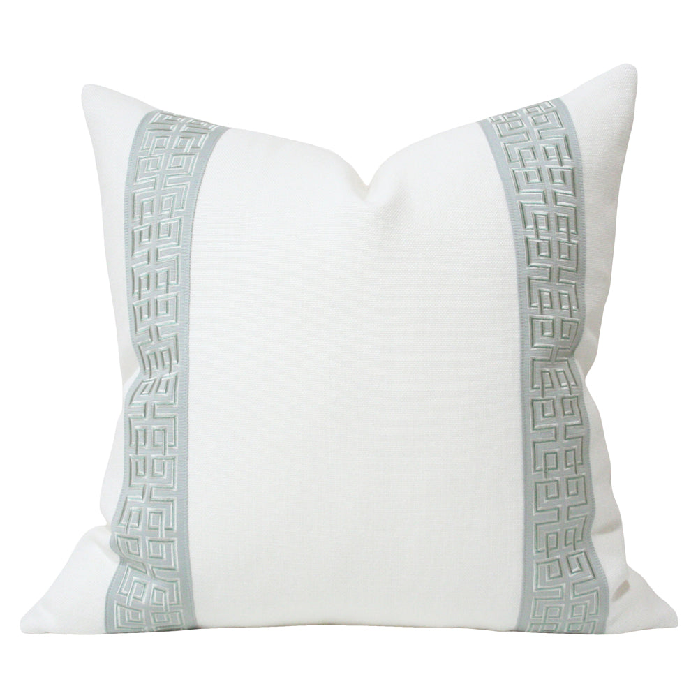 Cream Linen Solid with Muted Aqua Fretwork Trim - High End Luxury Designer Pillow from Arianna Belle Shop