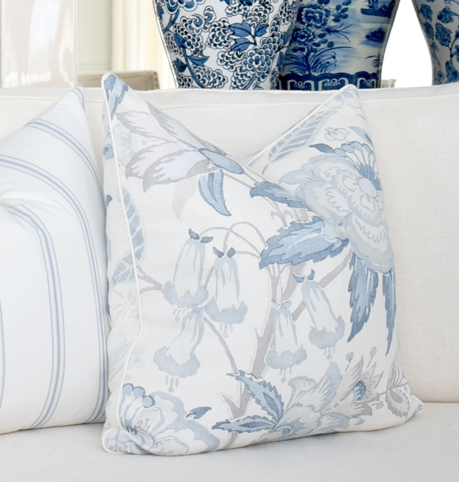 Off-White Basic Piping added to Daniela Floral Blue and Grey Pillow