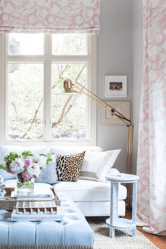 Pale Pink Linen with Greek Key Border Custom Designer Pillow on couch | Arianna Belle 