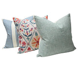 Summerville Linen Stripe + Susani Trellis + Aquamarine Textured | Arianna Belle designer pillows