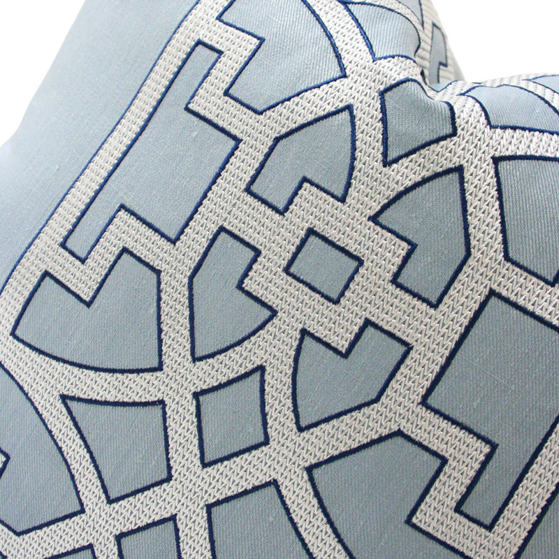 Don't Fret Sky Blue Designer from Arianna Belle Shop | embroidered fretwork pattern detail