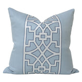 Don't Fret Sky Blue Designer Pillow from Arianna Belle Shop | a medium blue background with an embroidered fretwork stripe in silver and dark blue