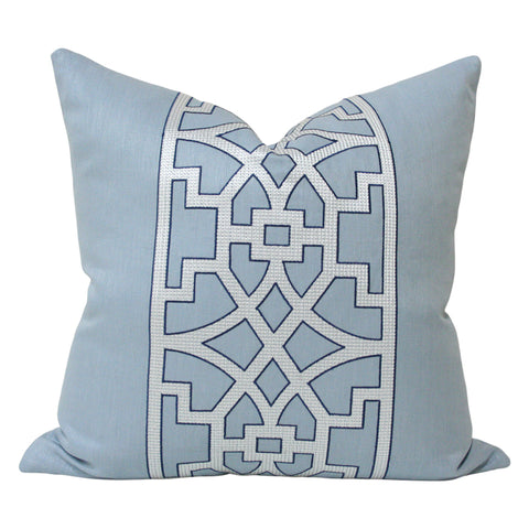 Don't Fret Sky Blue Designer Pillow from Arianna Belle Shop | a medium blue background with an embroidered fretwork stripe in silver and dark blue