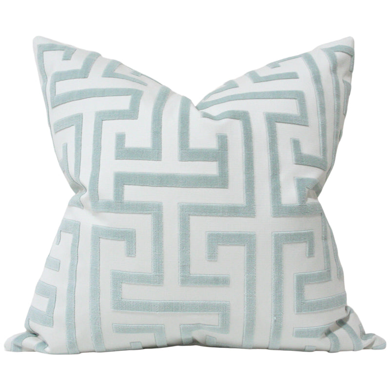 Greek Key Cut Velvet Muted Aqua Luxury Designer Pillow | Arianna Belle Shop | front view