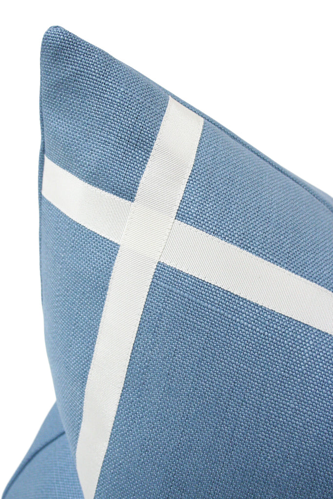 Hampton Blue Linen with Off-White Ribbon Designer Pillow from Arianna Belle Shop | detailed view