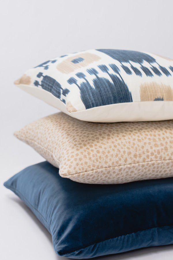 Kandira Indigo + Dotted Beige + Midnight Blue Velvet designer pillow stack