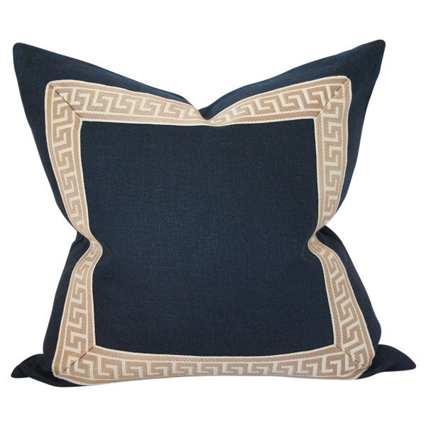 Navy Linen with Greek Key Border Custom Designer Pillow | Arianna Belle 