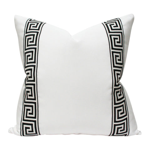 White with Black Greek Key Trim Custom Designer Pillow | Arianna Belle 
